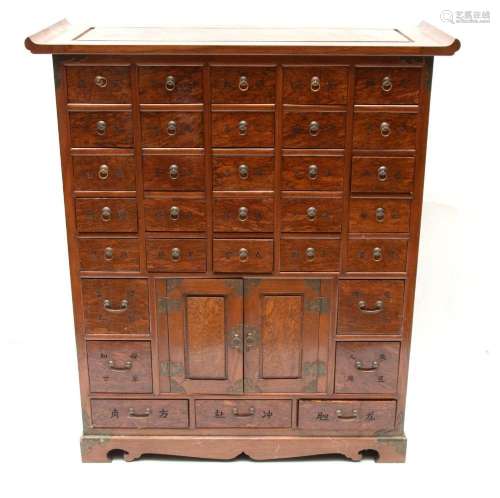 ASIAN CARVED WOOD APOTHECARY CHEST, H 43.5" W 38" ...