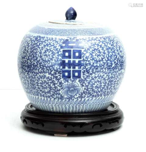 KOREAN PORCELAIN BLUE AND WHITE GINGER JAR, 19H.C. H 9"...