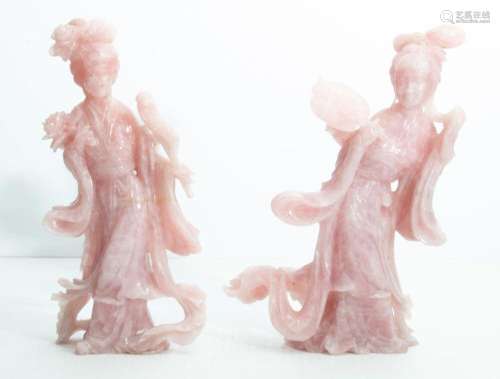 CHINESE ROSE QUARTZ QUAN YIN FIGURES, TWO H 12"