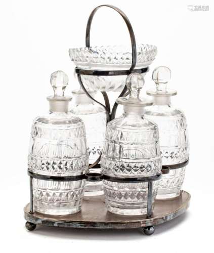 CRYSTAL DECANTERS (4) IN SILVERED METAL FRAME WITH CAVIAR DI...