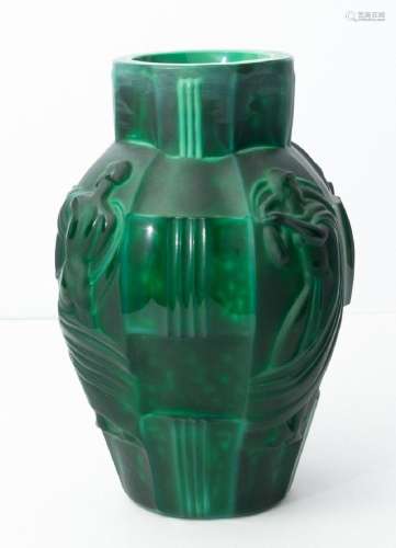 ART DECO STYLE, "MALACHITE" ART GLASS VASE, H 10&q...