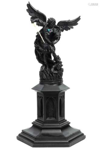 BLACK FOREST WOOD CARVING, SAINT MICHAEL SLAYING LUCIFER 19T...