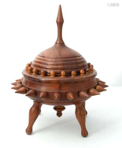 UNUSUAL WOOD CONTAINER WITH LID, H 13.75", D 12"