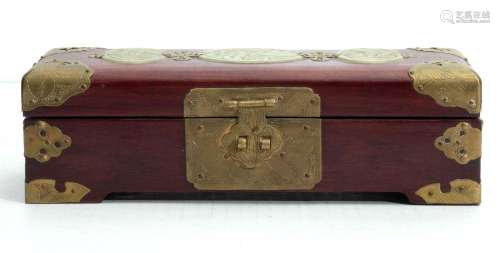 CHINESE CARVED TEAKWOOD AND JADE JEWELRY BOX H 3", W 4&...