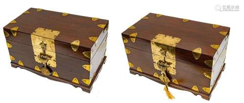 CHINESE BRASS MOUNTED ROSEWOOD LOCK BOXES, PAIR, H 9", ...