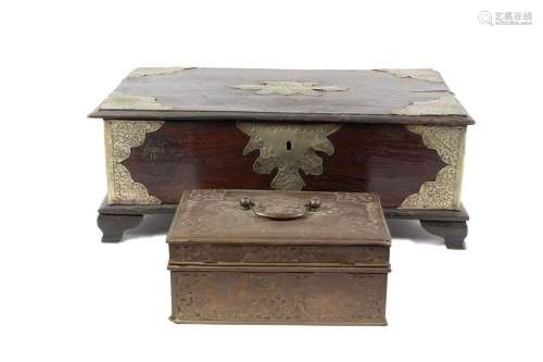 JAVANESE CARVED TROPICAL WOOD CHEST AND ONE BRASS BOX, TWO P...