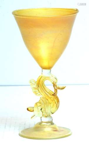 VENETIAN ART GLASS GOBLET C 1900 H 8.25", DOLPHIN STEM,...