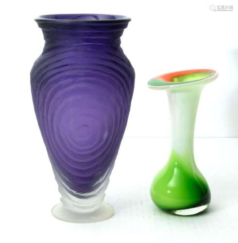 PURPLE GLASS VASE, FROSTED BASE H 10.5", ALSO GREEN JAC...