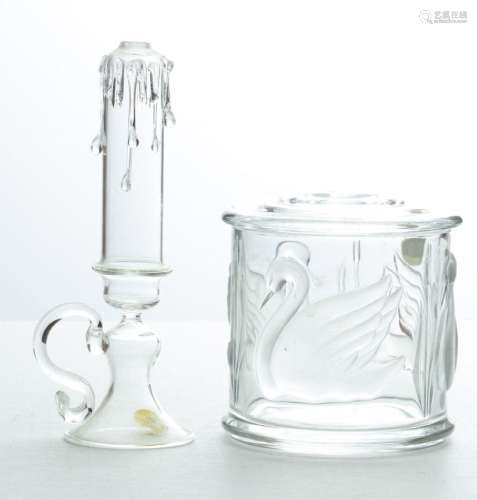 COVERED GLASS "SWAN" CONTAINER AND GLASS CANDLE CH...