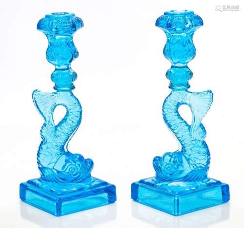 MMA GLASS DOLPHIN CANDLESTICKS, C 1960 PAIR, H 11", W 4...
