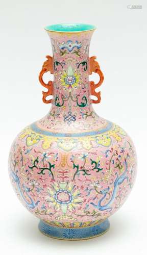 CHINESE POLYCHROME PORCELAIN VASE, H 13", DIA 8"