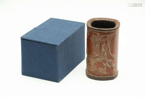 CHINESE CARVED WOOD LIBATION CUP, H 5.25", DIA 3"