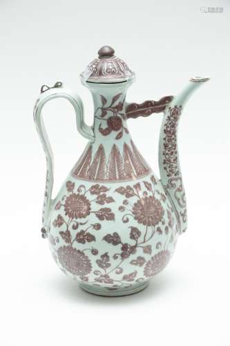 CHINESE IRON GLAZE PORCELAIN TEAPOT, H 13", W 9"