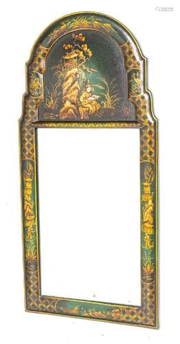 CHINESE BLACK LACQUER, CHINOISERIE MIRROR, H 38", W 18&...