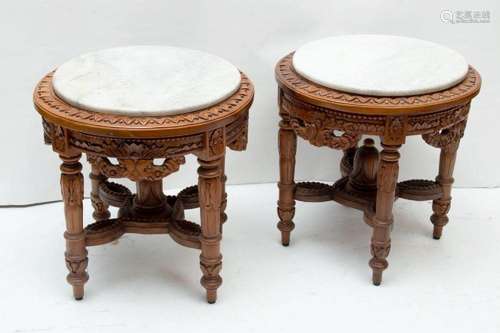 LOUIS XVI STYLE CARVED WOOD MARBLE TOP END TABLES, PAIR, H 2...