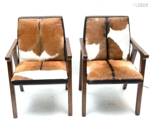 PAIR OF COWHIDE UPHOLSTERED OPEN ARM CHAIRS, H 34", W 2...