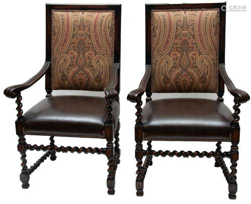 CARVED WOOD UPHOLSTERED OPEN ARM CHAIRS, H 46 , W 27", ...