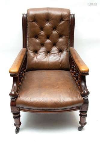 EDWARDIAN STYLE MAHOGANY AND TUFTED BROWN NAUGAHYDE, ARM CHA...