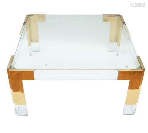 ACRYLIC AND BRASS SQUARE TOP COFFEE TABLE H 17", W 36&q...