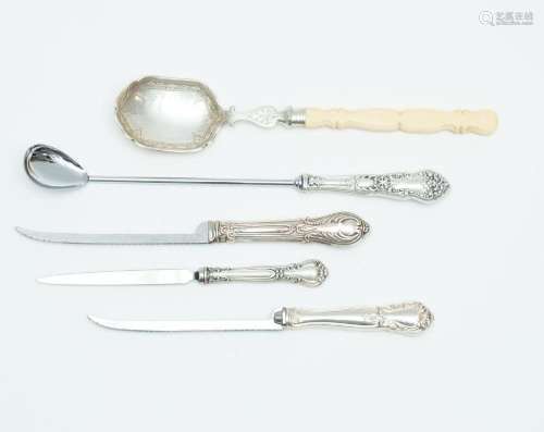 STERLING SILVER SERRATED KNIVES (2), LONG SPOON, LETTER OPEN...