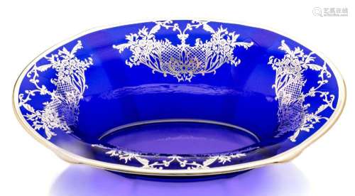 COBALT BLUE GLASS CENTERPIECE, STERLING OVERLAY C 1930 W 8&q...