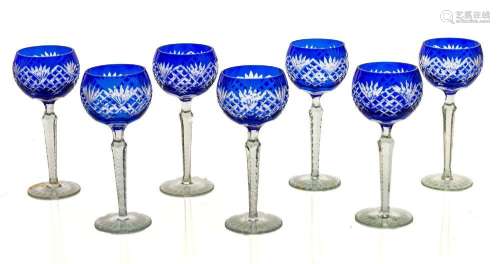 COBALT TO CLEAR OVERLAY RHINE WINE GOBLETS, SET OF 7 H 8 3/4...