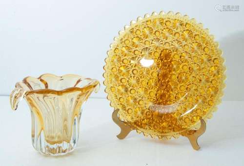 AMBER TO CLEAR ART GLASS VASE & PRESSED GLASS PLATE 2 PC...