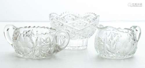 CUT GLASS CREAMER & SUGAR, SMALL CUT CRYSTAL BOWL, 3 PCS...