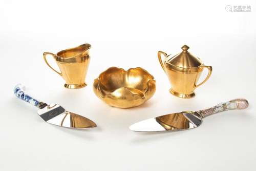 PICKARD FIRED GOLD CREAMER, SUGAR, BOWL + 2 PORCELAIN HANDLE...