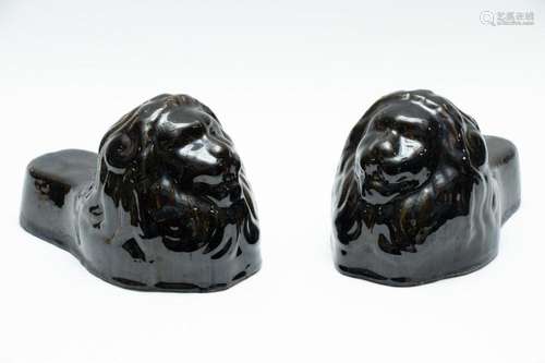 GLAZED CERAMIC LION FIGURES C 1900, PAIR H 6" L 10"...