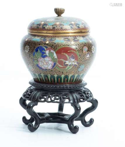 CHINESE CLOISONNE TEA JAR WITH LID ON TEAK STAND, H 6.25&quo...