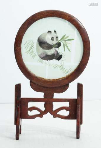 CHINESE SILK EMBROIDERY MINIATURE PANDA SCREEN, H 8" DI...