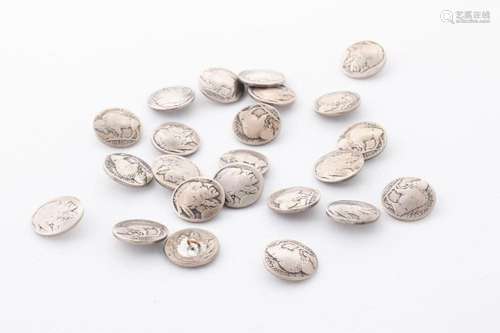 BUFFALO NICKELS CONVERTED INTO BUTTONS, 23 PCS, DIA 3/4"...