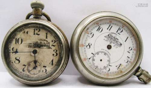 (2) VTG POCKET WATCHES with TRAIN FACES