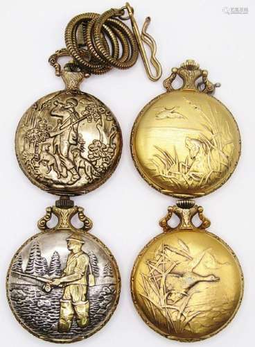 (4) HUNTING THEME POCKET WATCHES