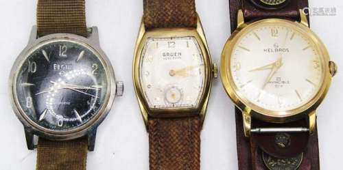 3 Vintage Mens Watches (Elgin,Gruen,Helbros)