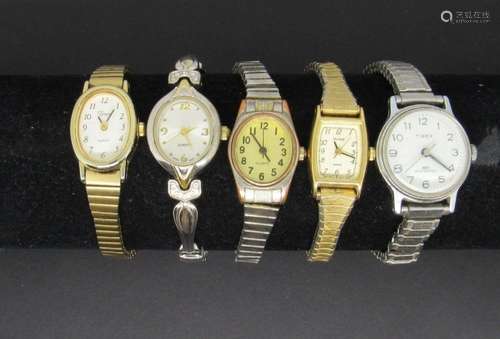 5 LADIES WRIST WATCHES- 2 TIMEX- PULSAR