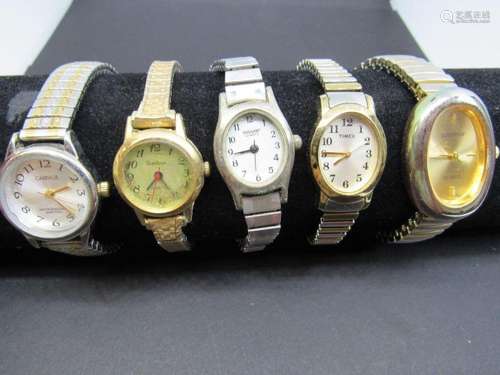 5 LADIES WRIST WATCHES- CARRIAGE- TIMEX- SHIFFON-