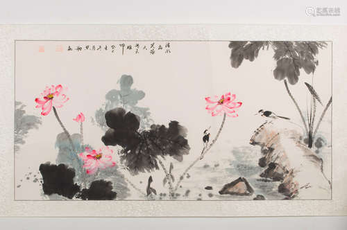 A Chinese lotus pond painting, Zhang Huiqin mark