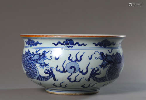 A blue and white dragon porcelain censer