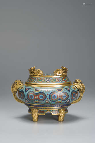 A four-legged cloisonne censer with beast shaped ears