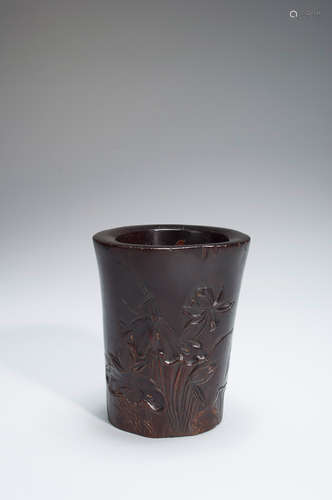 A lotus carved red sandalwood brush pot