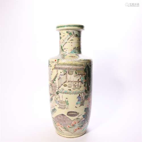 A yellow ground multicolored figure porcelain vase