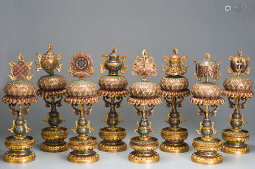 A set of cloisonne gilding copper buddhism eight treasures