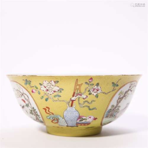 A yellow ground famille rose goat porcelain bowl