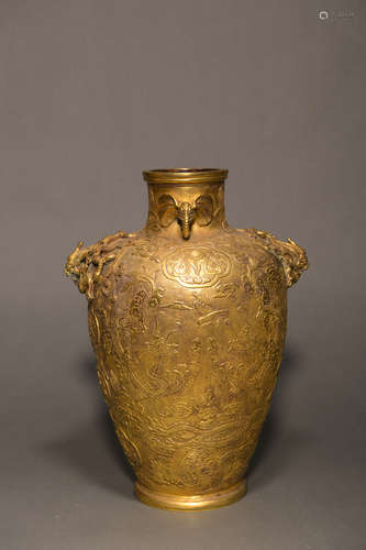 A gilding copper vase with dragon shaped ears