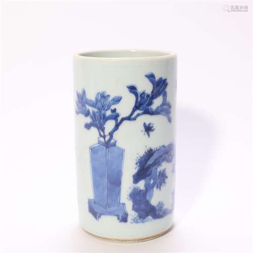 A blue and white porcelain brush pot