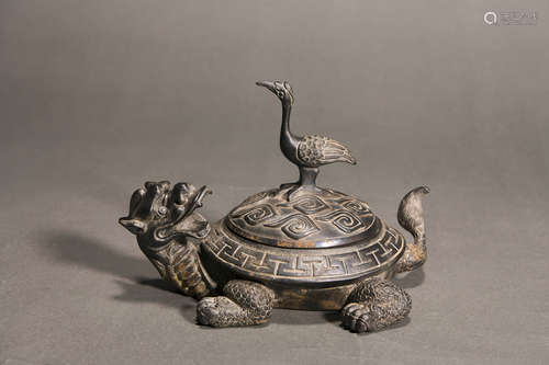 A bronze turtle and crane inkstone