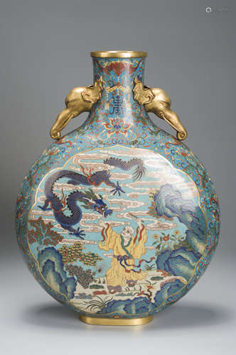 A dragon and arhat patterned cloisonne flask with elephant h...