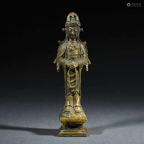 A gilding copper standing Guanyin statue